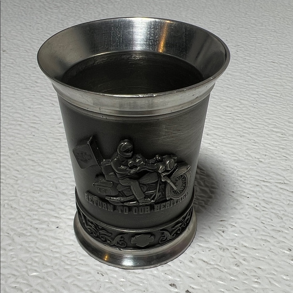 Motorcycle Pewter Shot Glass - Embossed Rider Design Return to Our Heritage